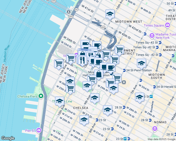 map of restaurants, bars, coffee shops, grocery stores, and more near 450 West 31st Street in New York
