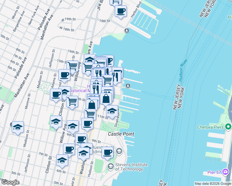 map of restaurants, bars, coffee shops, grocery stores, and more near 2 Constitution Court in Hoboken