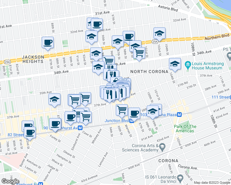 map of restaurants, bars, coffee shops, grocery stores, and more near 35-51 95th Street in Queens