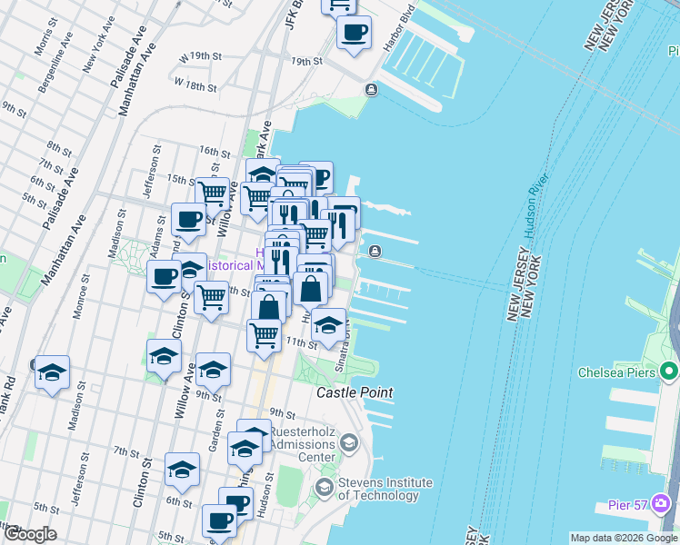 map of restaurants, bars, coffee shops, grocery stores, and more near 1301 Sinatra Drive North in Hoboken