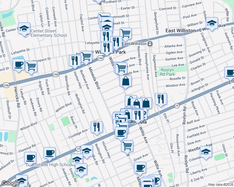 map of restaurants, bars, coffee shops, grocery stores, and more near 162 Elderberry Road in Mineola