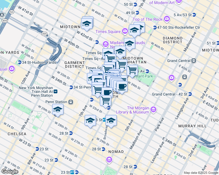 map of restaurants, bars, coffee shops, grocery stores, and more near 112 West 37th Street in New York