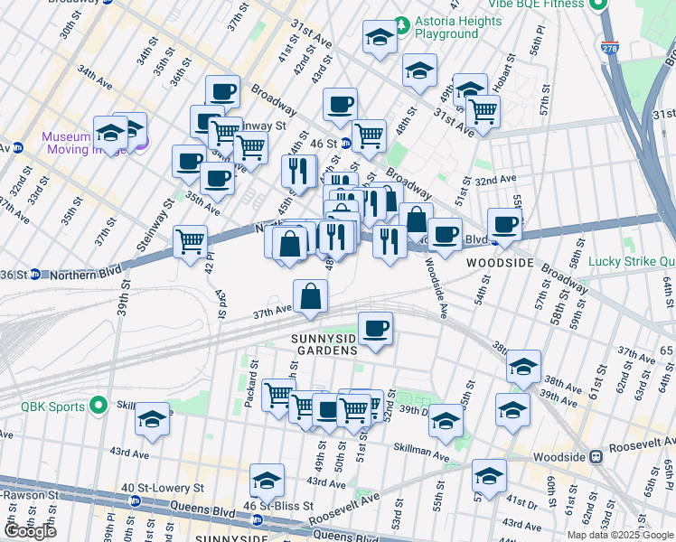 map of restaurants, bars, coffee shops, grocery stores, and more near 34-47 48th Street in Queens