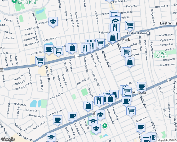 map of restaurants, bars, coffee shops, grocery stores, and more near 465 Wellington Road in Mineola