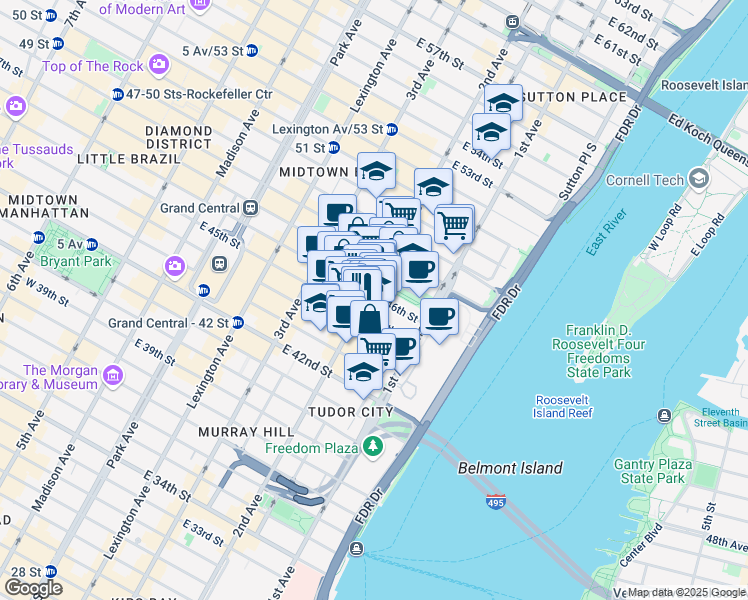 map of restaurants, bars, coffee shops, grocery stores, and more near 300 East 46th Street in New York