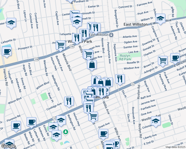 map of restaurants, bars, coffee shops, grocery stores, and more near 350 Willis Avenue in Mineola