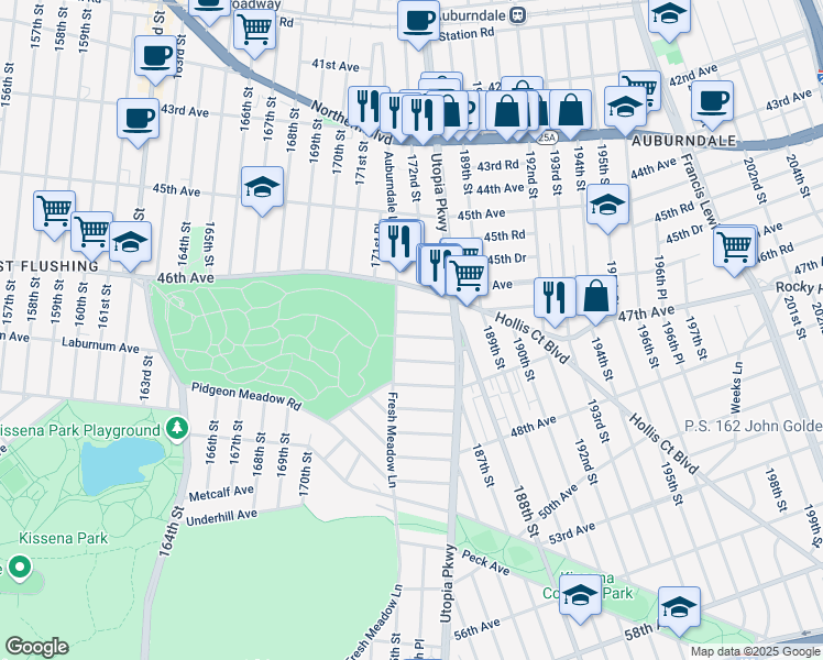 map of restaurants, bars, coffee shops, grocery stores, and more near 171-15 Bagley Avenue in Queens