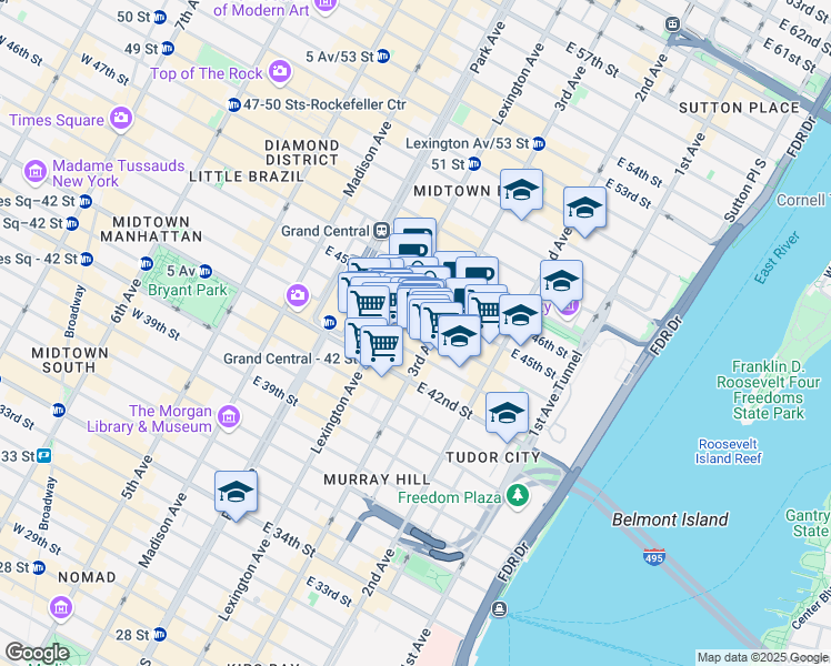 map of restaurants, bars, coffee shops, grocery stores, and more near 150 East 44th Street in New York