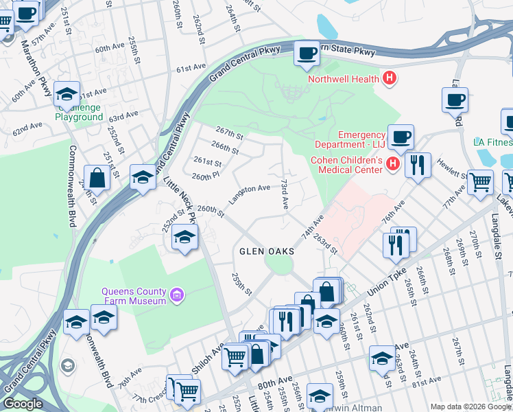 map of restaurants, bars, coffee shops, grocery stores, and more near 260-36 Langston Avenue in Queens