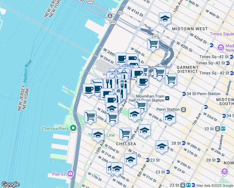 map of restaurants, bars, coffee shops, grocery stores, and more near 519 West 29th Street in New York