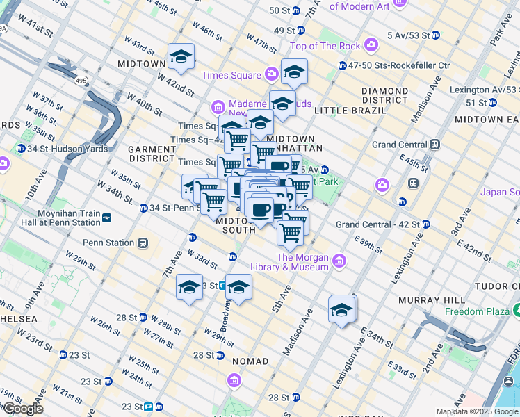map of restaurants, bars, coffee shops, grocery stores, and more near 112 West 38th Street in New York