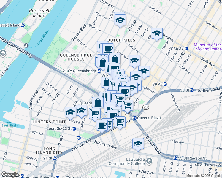 map of restaurants, bars, coffee shops, grocery stores, and more near 41-44 24th Street in Queens