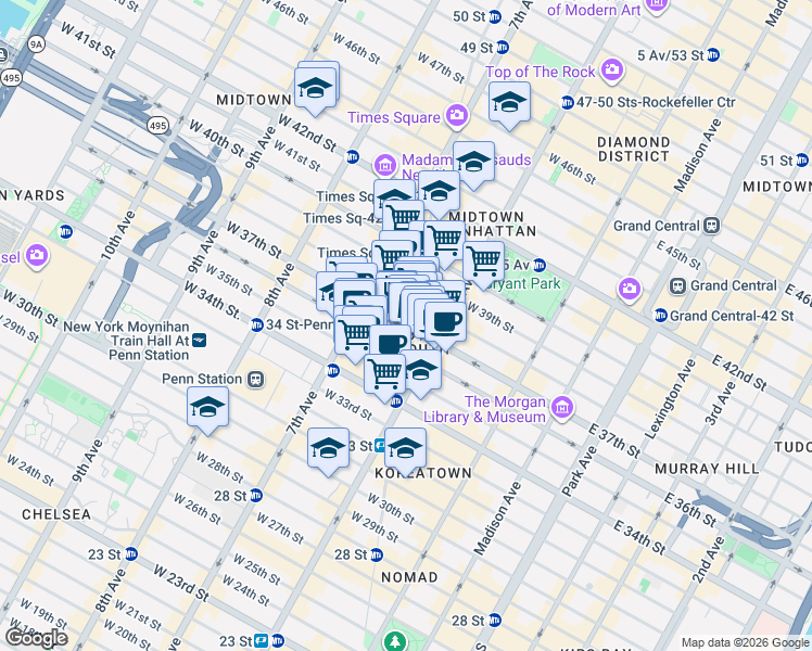 map of restaurants, bars, coffee shops, grocery stores, and more near 998 6th Avenue in New York