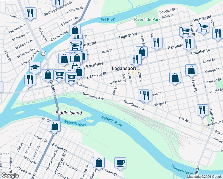map of restaurants, bars, coffee shops, grocery stores, and more near 829 Spencer Street in Logansport