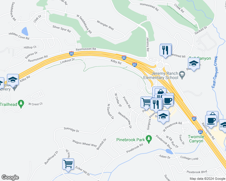 map of restaurants, bars, coffee shops, grocery stores, and more near 3462 Cedar Drive in Park City