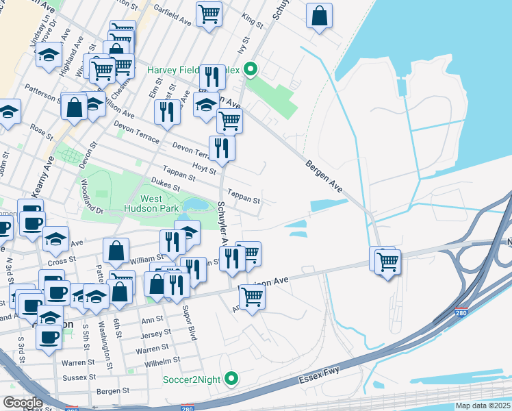 map of restaurants, bars, coffee shops, grocery stores, and more near 222 Tappan Street in Kearny