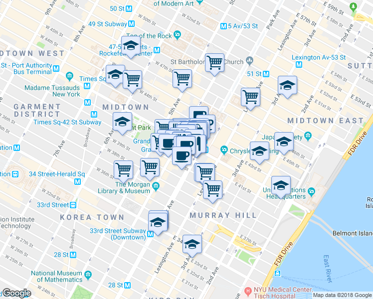 map of restaurants, bars, coffee shops, grocery stores, and more near in New York