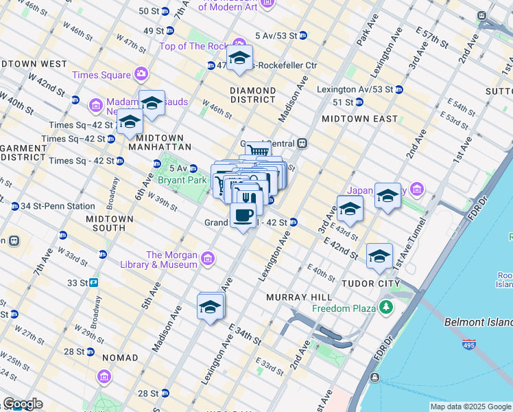 map of restaurants, bars, coffee shops, grocery stores, and more near 60 East 42nd Street in New York