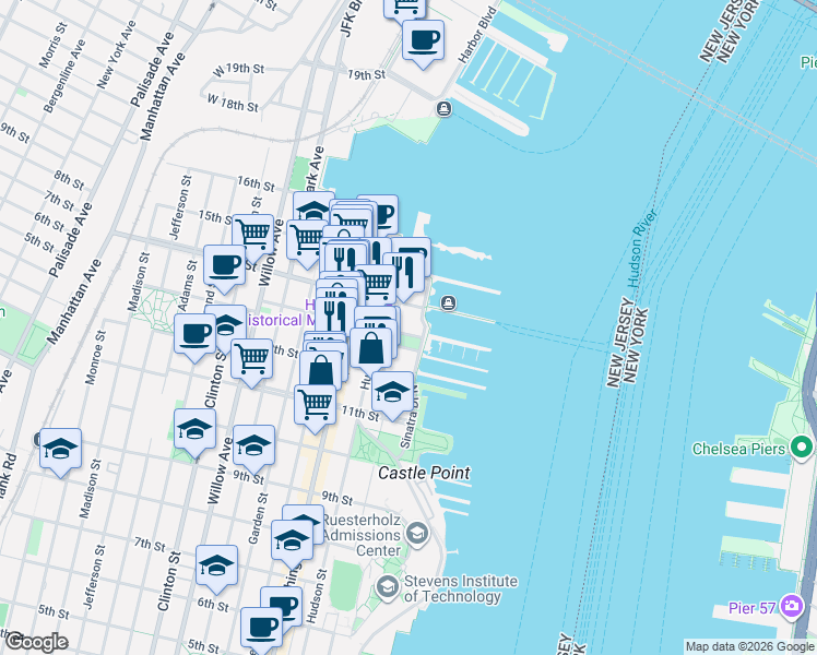 map of restaurants, bars, coffee shops, grocery stores, and more near 1 14th Street in Hoboken