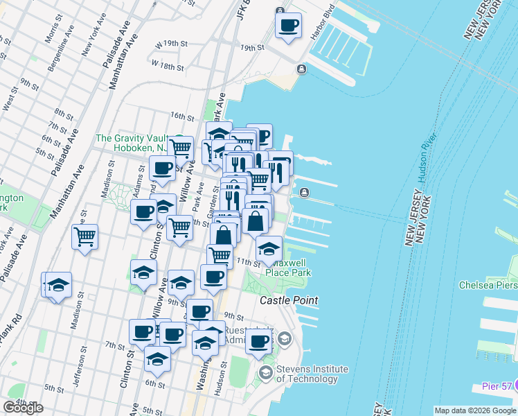 map of restaurants, bars, coffee shops, grocery stores, and more near Hudson Street & 13th Street in Hoboken