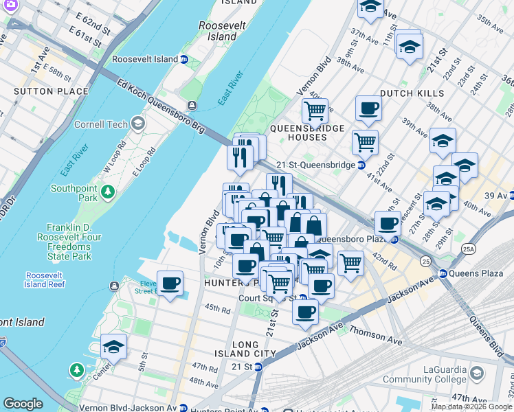 map of restaurants, bars, coffee shops, grocery stores, and more near 10-0 43rd Avenue in Queens