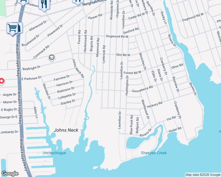 map of restaurants, bars, coffee shops, grocery stores, and more near 81 Huguenot Drive in Mastic Beach