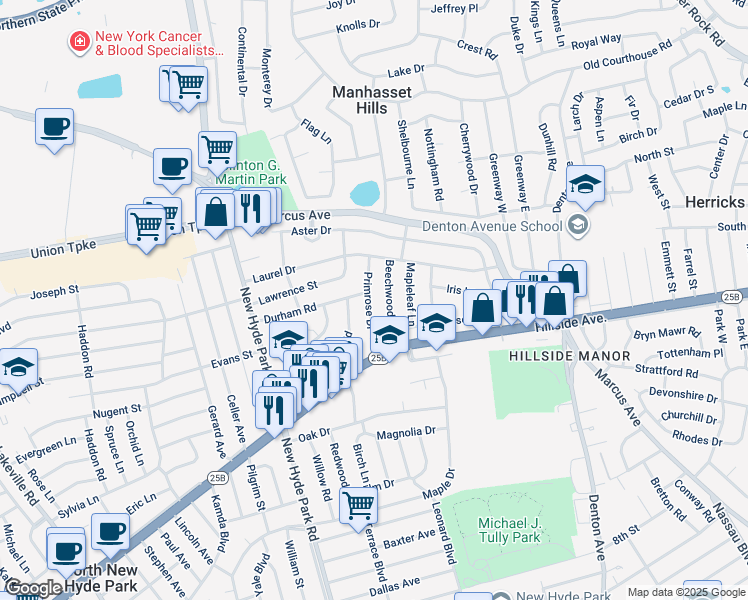 map of restaurants, bars, coffee shops, grocery stores, and more near 143 Primrose Drive in North New Hyde Park