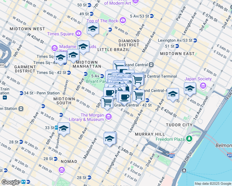 map of restaurants, bars, coffee shops, grocery stores, and more near 18 East 41st Street in New York