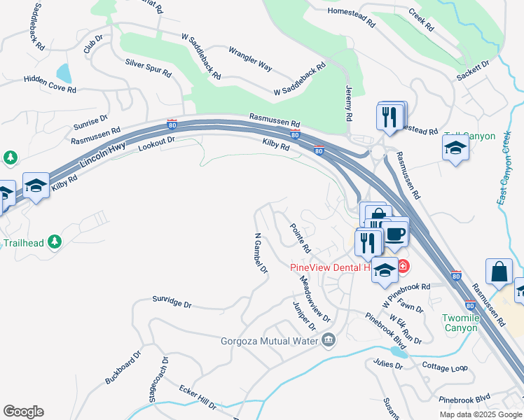 map of restaurants, bars, coffee shops, grocery stores, and more near 3462 Cedar Drive in Park City