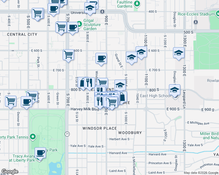 map of restaurants, bars, coffee shops, grocery stores, and more near 905 East 800 South in Salt Lake City