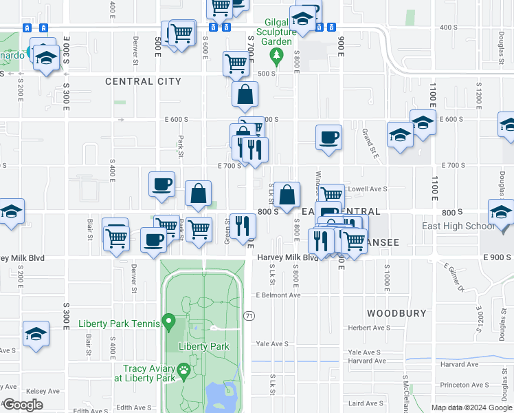 map of restaurants, bars, coffee shops, grocery stores, and more near 733 800 South in Salt Lake City