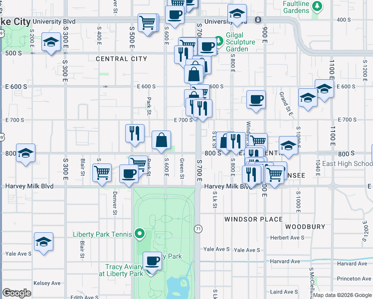 map of restaurants, bars, coffee shops, grocery stores, and more near 665 East 800 South in Salt Lake City