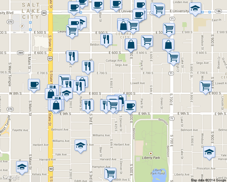 map of restaurants, bars, coffee shops, grocery stores, and more near 409 800 South in Salt Lake City