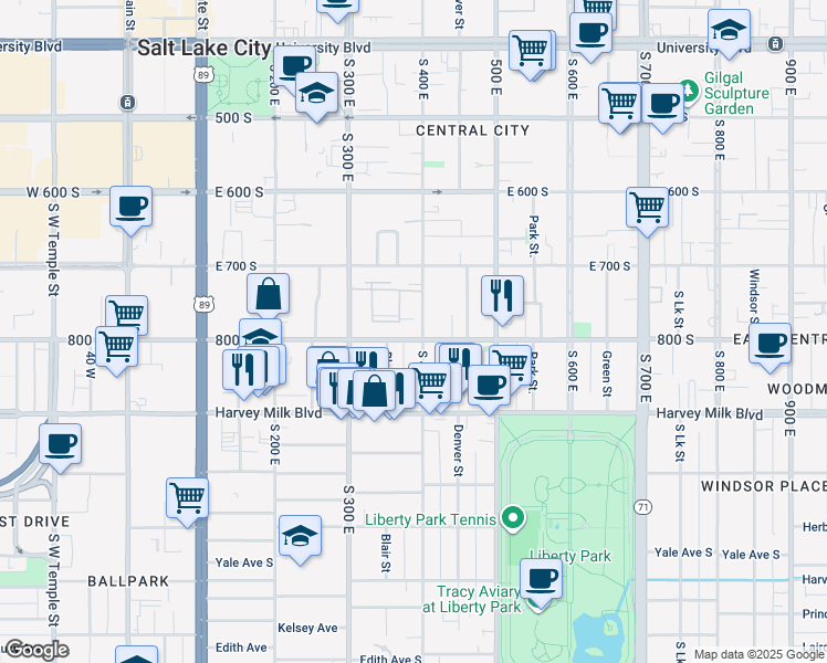 map of restaurants, bars, coffee shops, grocery stores, and more near 361 800 South in Salt Lake City