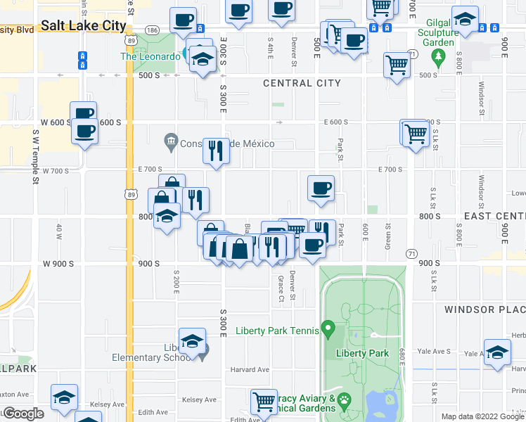 map of restaurants, bars, coffee shops, grocery stores, and more near 361 800 South in Salt Lake City