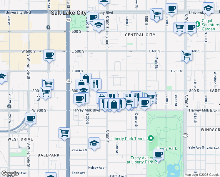 map of restaurants, bars, coffee shops, grocery stores, and more near 313 800 South in Salt Lake City