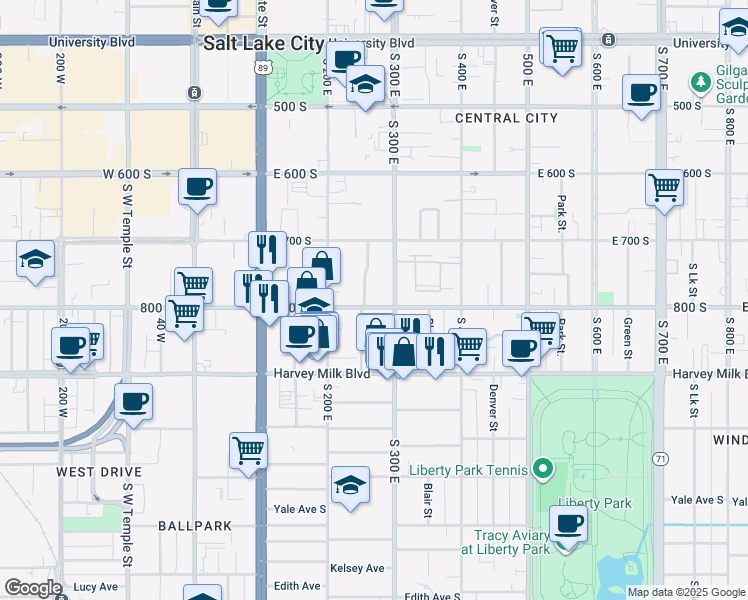 map of restaurants, bars, coffee shops, grocery stores, and more near 253 800 South in Salt Lake City