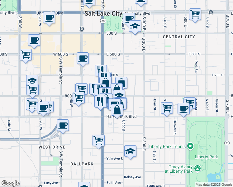 map of restaurants, bars, coffee shops, grocery stores, and more near 150 800 South in Salt Lake City