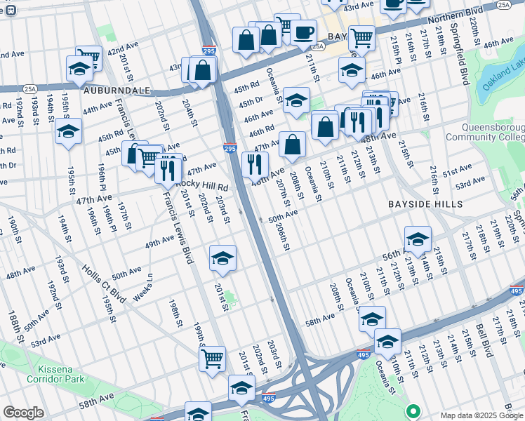 map of restaurants, bars, coffee shops, grocery stores, and more near 48-43 205th Street in Queens