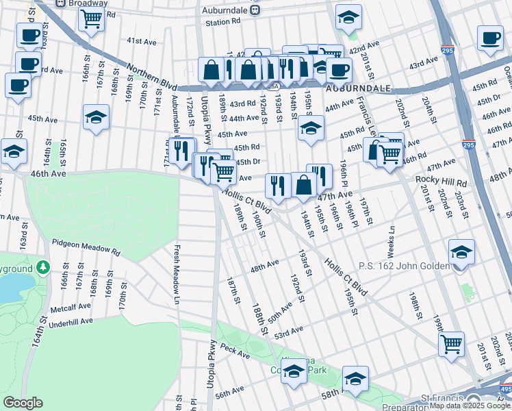 map of restaurants, bars, coffee shops, grocery stores, and more near 46-76 Hollis Court Boulevard in Queens