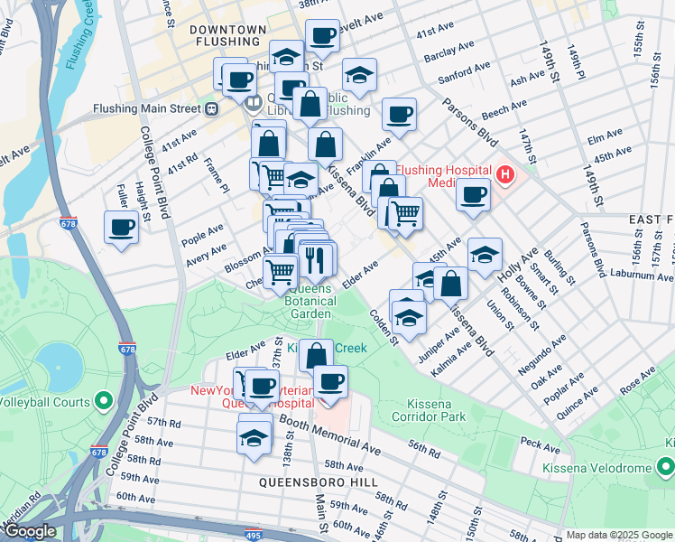 map of restaurants, bars, coffee shops, grocery stores, and more near 4317 Main Street in Queens
