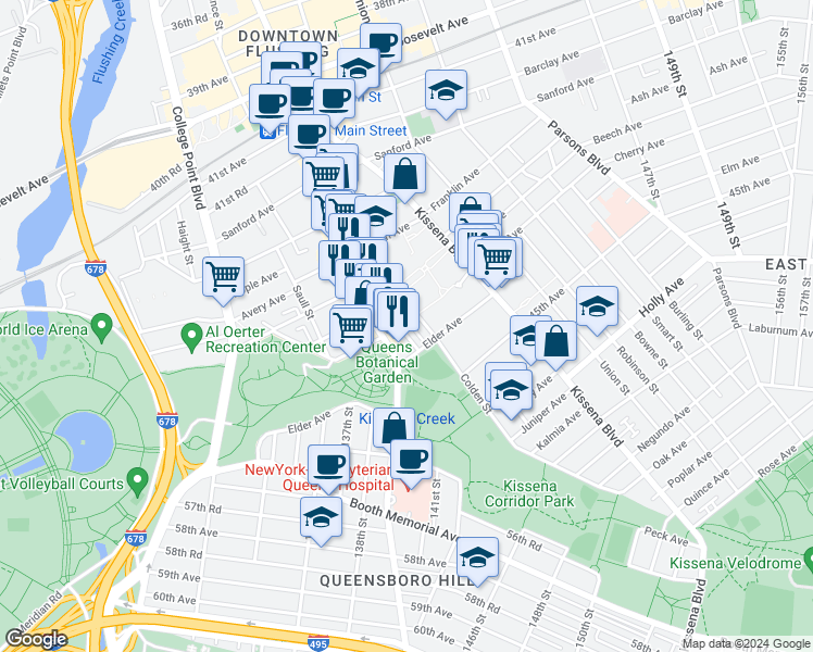 map of restaurants, bars, coffee shops, grocery stores, and more near 4317 Main Street in Queens