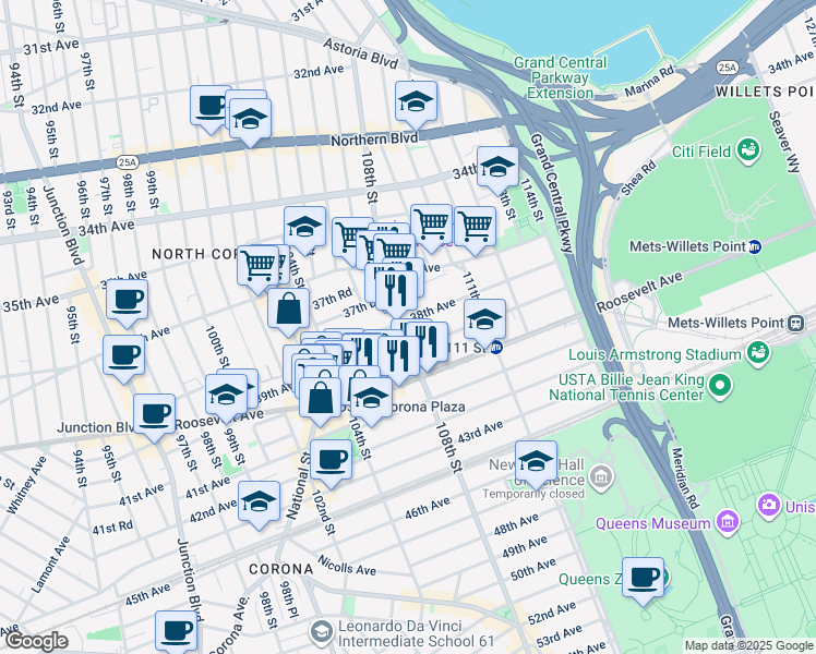 map of restaurants, bars, coffee shops, grocery stores, and more near 104-70 38th Avenue in Queens