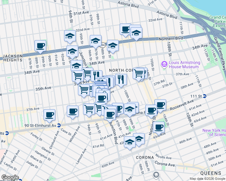 map of restaurants, bars, coffee shops, grocery stores, and more near 98-2 37th Avenue in Queens