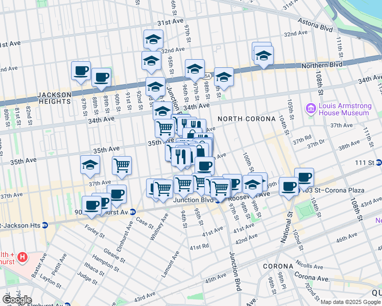 map of restaurants, bars, coffee shops, grocery stores, and more near 35-51 95th Street in Queens