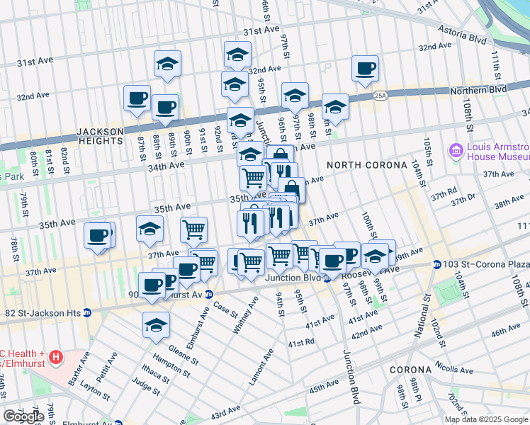 map of restaurants, bars, coffee shops, grocery stores, and more near 35-30 94th Street in Queens