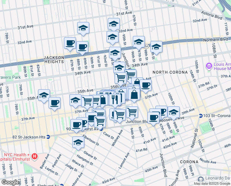 map of restaurants, bars, coffee shops, grocery stores, and more near 35-21 92nd Street in Queens