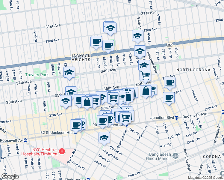 map of restaurants, bars, coffee shops, grocery stores, and more near 35-15 89th Street in Queens