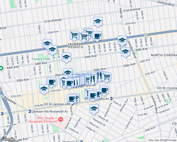 map of restaurants, bars, coffee shops, grocery stores, and more near in Queens