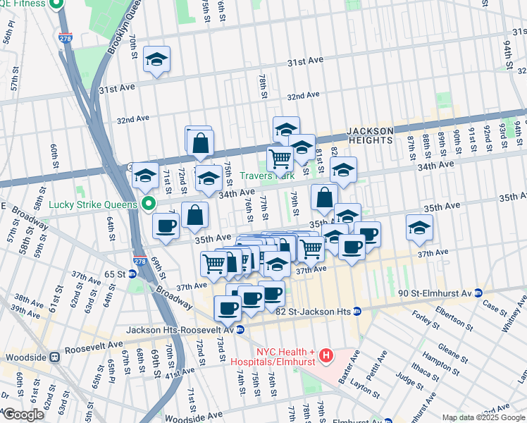 map of restaurants, bars, coffee shops, grocery stores, and more near 34-35 35th Avenue in Queens